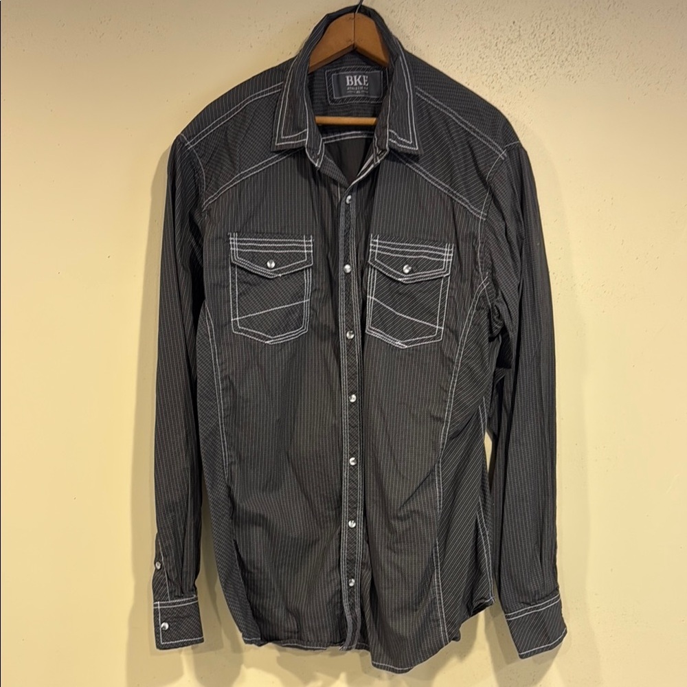 BKE Charcoal Button-Up Shirt with White Stitching